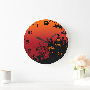 Bats Over Haunted House Large Clock