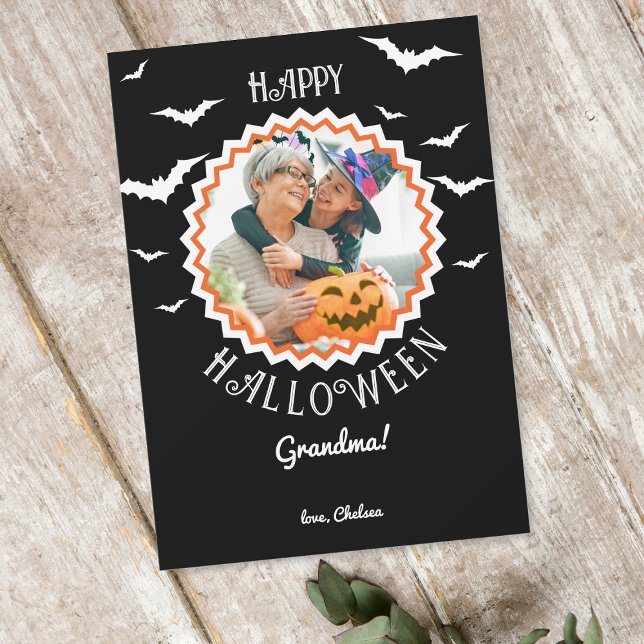 Bats Photo Frame Black Halloween Holiday Card (Family's love adds warmth to this monochrome Halloween card.)