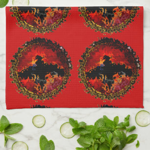 Bats Red Black Modern Tea Towel