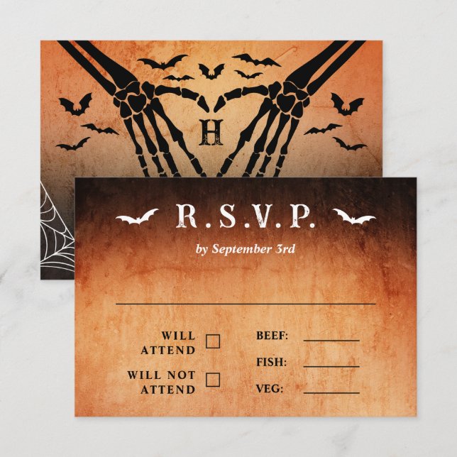 Bats & Skeleton Heart Goth Halloween Wedding RSVP Card (Front/Back)
