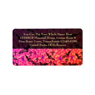 Bats Skulls Crosses Pink Orange Leopard Print Label