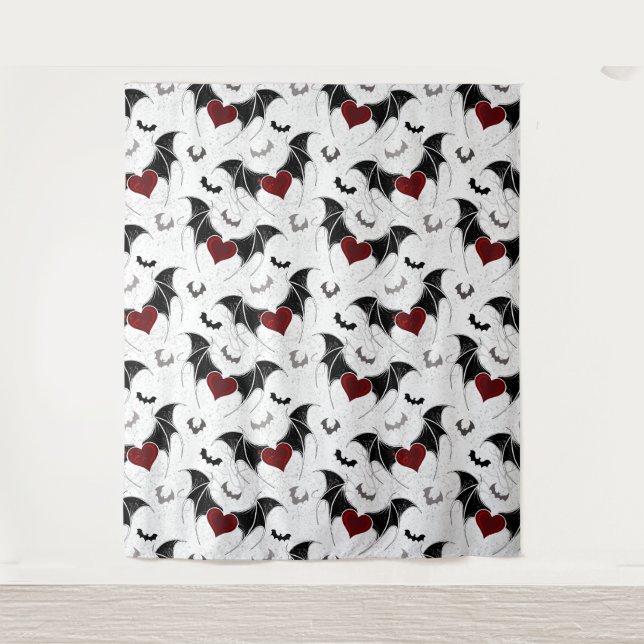 Bats with Red Hearts and smaller bat silhouettes   Tapestry (Front)