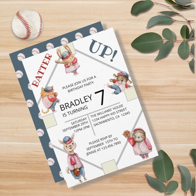 Batter Up! Baseball Sports Boys Birthday Party Invitation (CUTE BATTER UP! BOYS BASEBALL SPORTS FAN BIRTHDAY INVITATION)