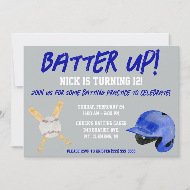 Batter Up!  Baseball Themed Birthday Party Invitation (Front)