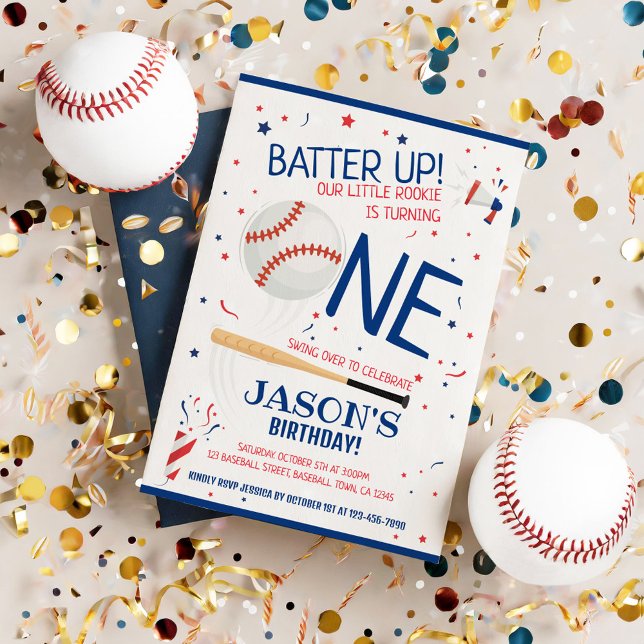 Batter Up Blue Little Rookie Baseball 1st Birthday Invitation (Creator Uploaded)