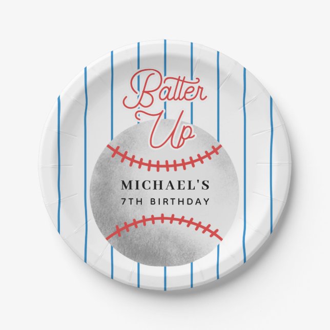 Batter Up Boys Baseball Theme Birthday Party Paper Plate (Front)
