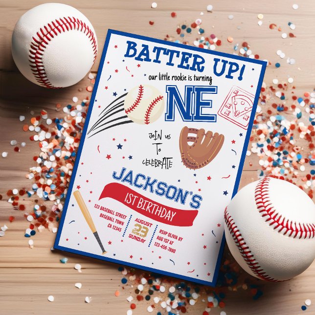 Batter Up Little Rookie Cute Baseball 1st Birthday Invitation (Creator Uploaded)
