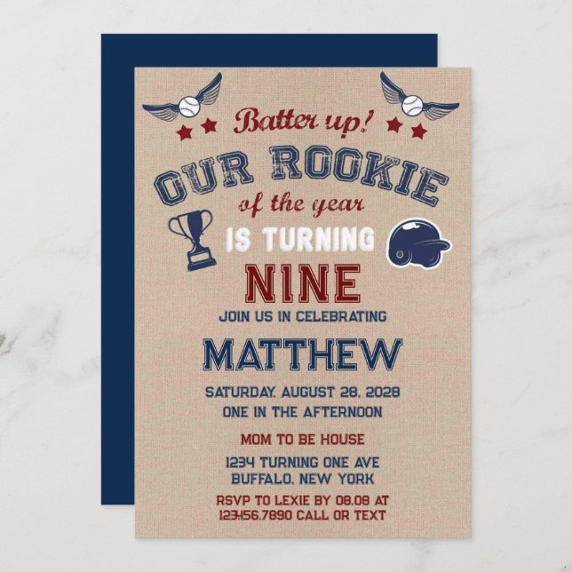 Batter Up Our Little Rookie Is Turning Add Age Inv Invitation (Front/Back)
