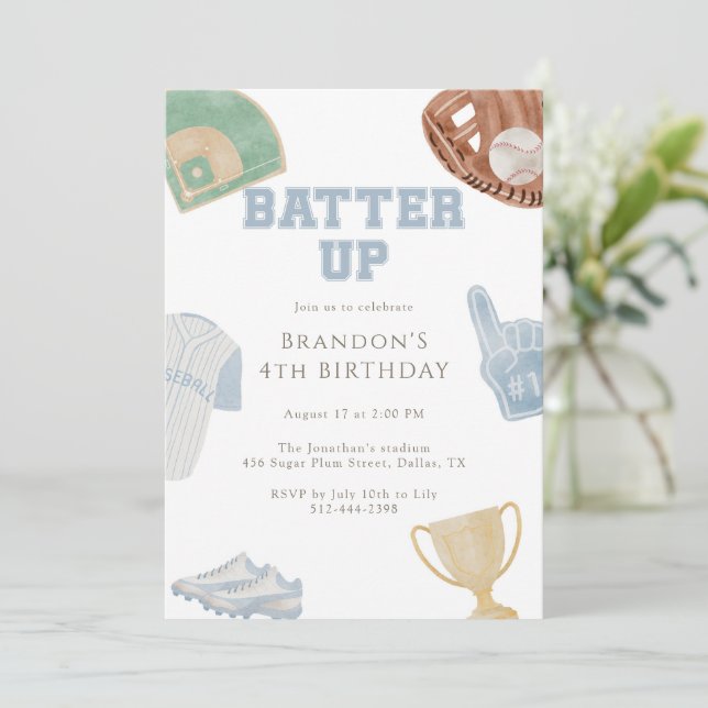 Batter up Preppy Blue Baseball Bow 4th Birthday  Invitation (Standing Front)