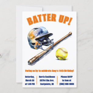 Batter Up!  Swing on By! Softball Birthday Party Invitation
