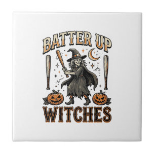 Batter Up Witches Vintage Halloween Baseball Desig Tile