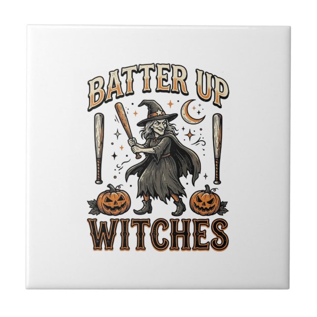 Batter Up Witches Vintage Halloween Baseball Desig Tile (Front)