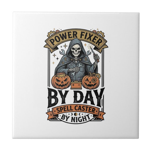 Battery Repair Witch Funny Halloween Technician Sh Tile (Front)