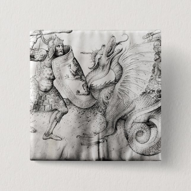 Battle between warriors and a dragon, c.1450 15 cm square badge (Front)