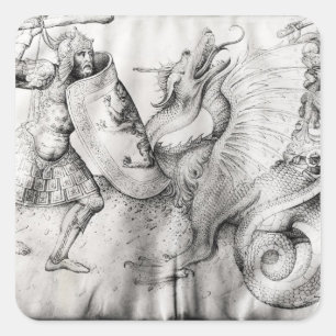 Battle between warriors and a dragon, c.1450 square sticker
