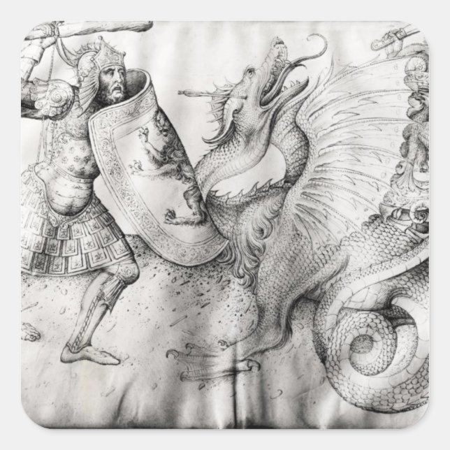 Battle between warriors and a dragon, c.1450 square sticker (Front)