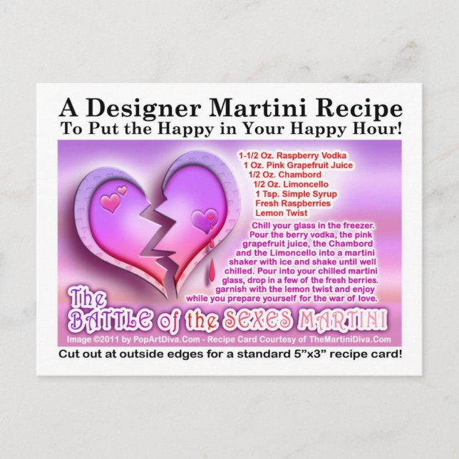Battle of the Sexes Valentine Martini Recipe Postc Holiday Postcard (Front)