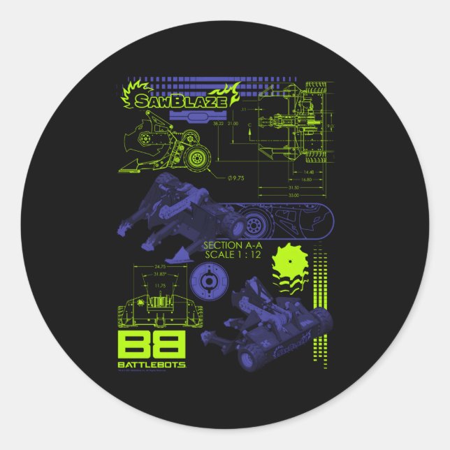 Battlebots Sawblaze Battle Schematics Classic Round Sticker (Front)