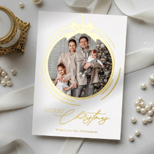 Bauble Ornament Calligraphy Christmas One Photo Foil Holiday Card