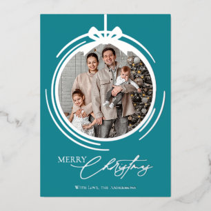 Bauble Ornament Calligraphy Christmas One Photo Foil Holiday Card