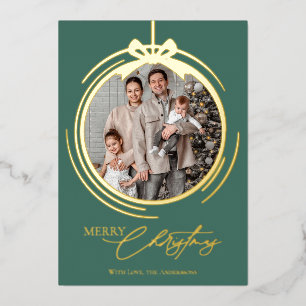 Bauble Ornament Calligraphy Christmas One Photo Foil Holiday Card
