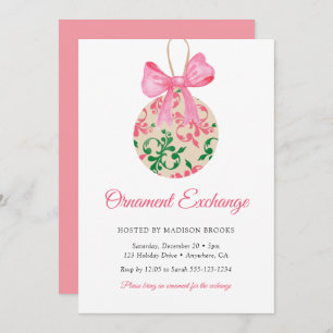 Bauble Pink Bow Ornament Exchange Christmas Party Invitation