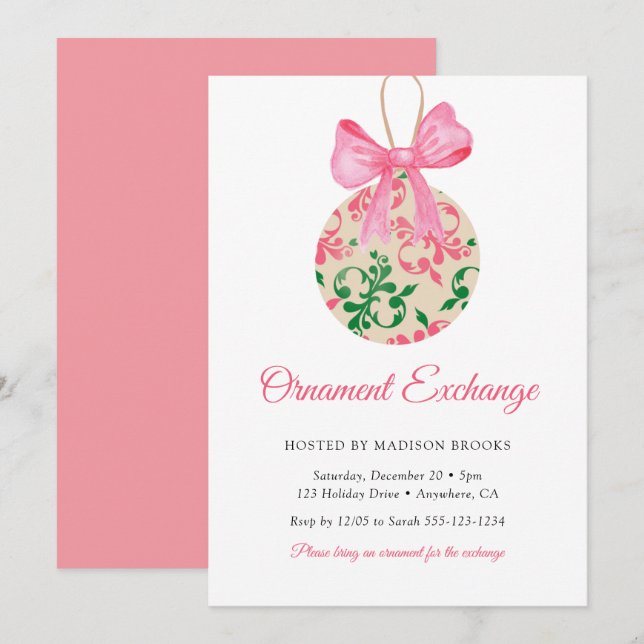 Bauble Pink Bow Ornament Exchange Christmas Party Invitation (Front/Back)