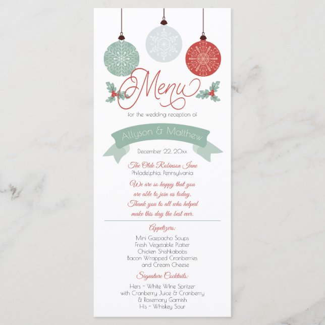 Baubles and Holly Christmas Holiday Wedding Menu (Front)