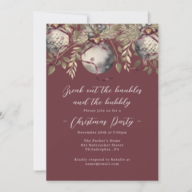Baubles & Bubbly Burgundy Christmas Party  Invitation (Front)
