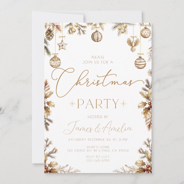 Baubles Gold Christmas Party invitation (Front)