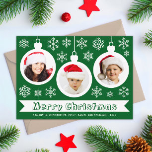 Baubles Merry Christmas Photo Collage Green White Holiday Card