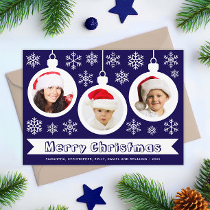 Baubles Photo Collage Merry Christmas Blue & White Holiday Card