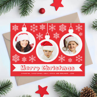 Baubles Photo Collage Red & White Merry Christmas Holiday Card