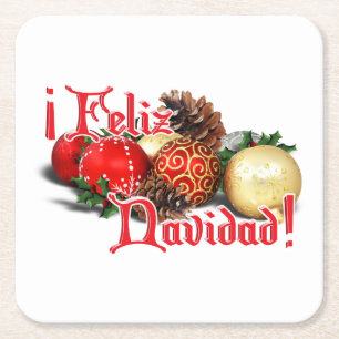Baubles & Pine Cones - Feliz Navidad Square Paper Coaster