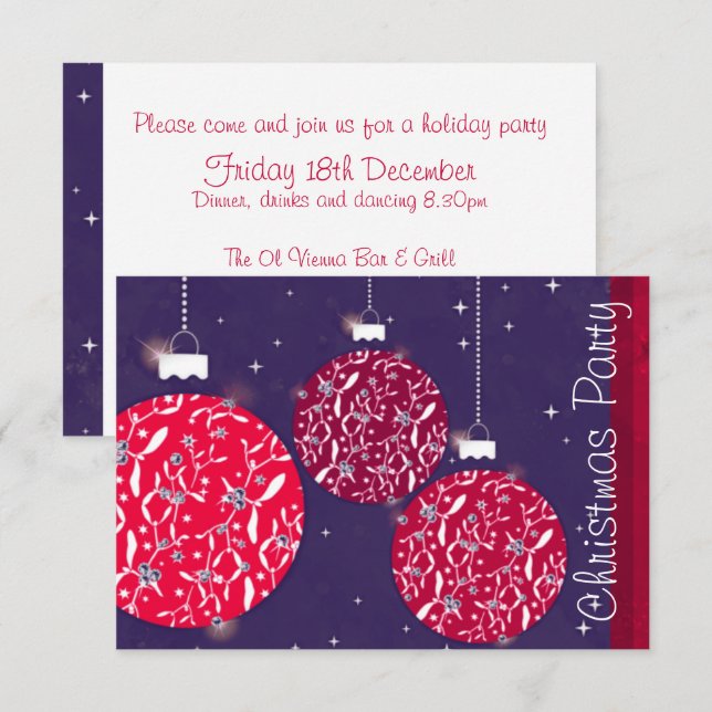 Baubles sparkle effect party invitation red blue (Front/Back)