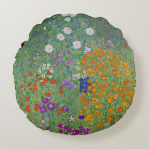 Bauerngarten, Oil Painting, Gustav Klimt Round Cushion