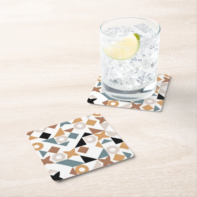 Bauhaus Geometric XOXO Square Paper Drink Coasters (Insitu)