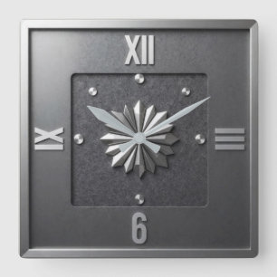 Bauhaus Industrial Gray Modernist Metallic Relief Square Wall Clock