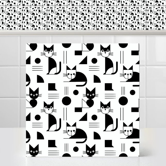 Bauhaus Minimalist Geometric Cat Repeating Pattern Tile (Funny and Cute Modern Bauhaus Minimalist Geometric Cat Black and White Pattern Ceramic Tile)