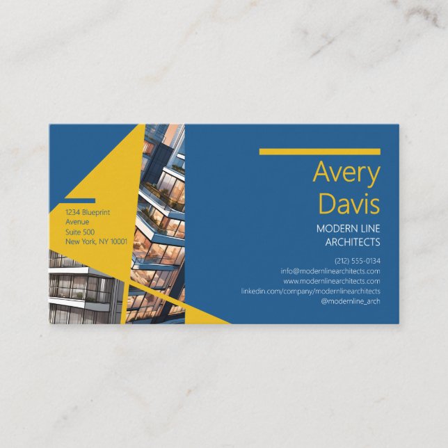 Bauhaus Style Architect, Blue & Yellow Geometric Business Card (Front)