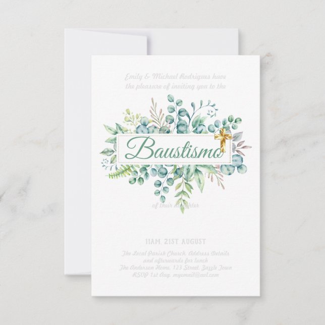 Baustismo Invitation Eucalyptus Greenery BUDGET (Front)