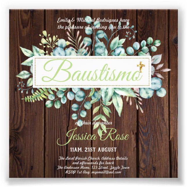 Baustismo Invitation Eucalyptus Greenery BUDGET Photo Print (Front)