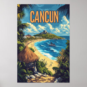 Bautiful Cancun Mexico Vintage Illustration Travel Poster