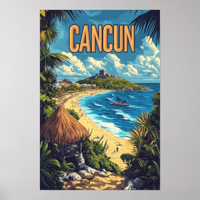 Bautiful Cancun Mexico Vintage Illustration Travel Poster (Front)