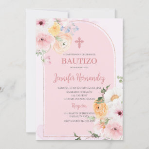 Bautismo colour rosa con flores invitation
