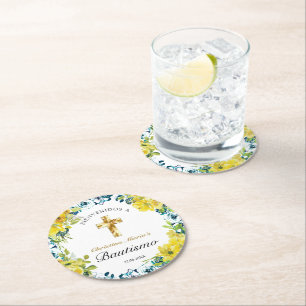 Bautismo de Niña Bonita Cruz Floral Amarillo  Round Paper Coaster