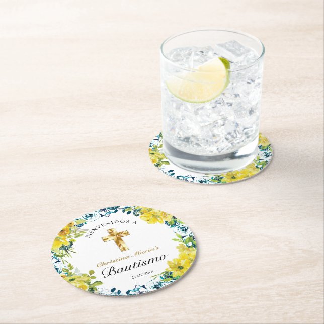 Bautismo de Niña Bonita Cruz Floral Amarillo  Round Paper Coaster (Insitu)
