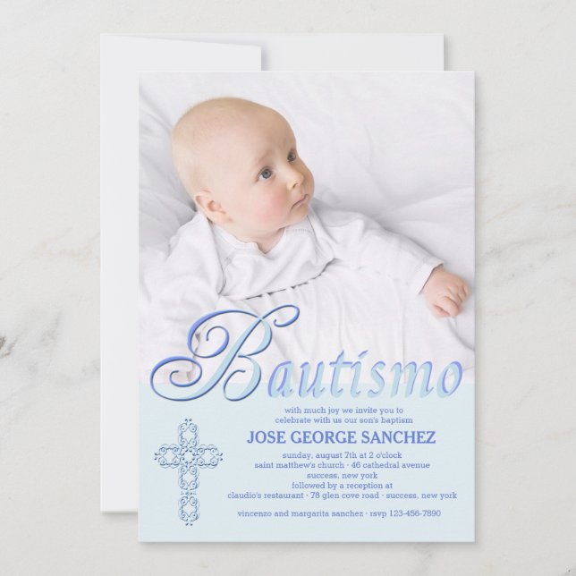 Bautismo Word Blue Photo Invitation (Front)