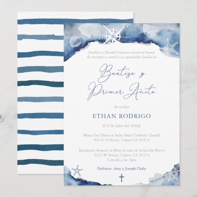 Bautizo Año Nautical Baptism 1st Birthday Spanish Invitation (Front/Back)