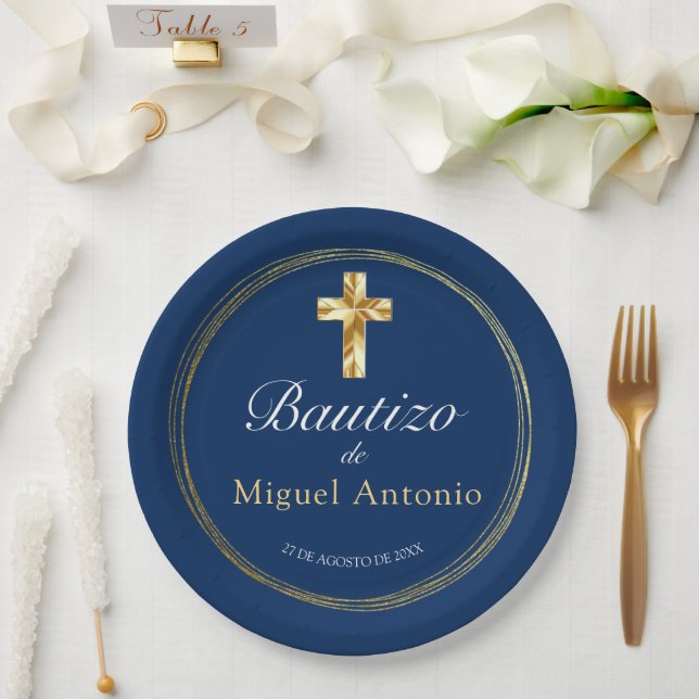 Bautizo Bebé Niño Cruz de Oro y Azul Marino  Paper Plate (Wedding)